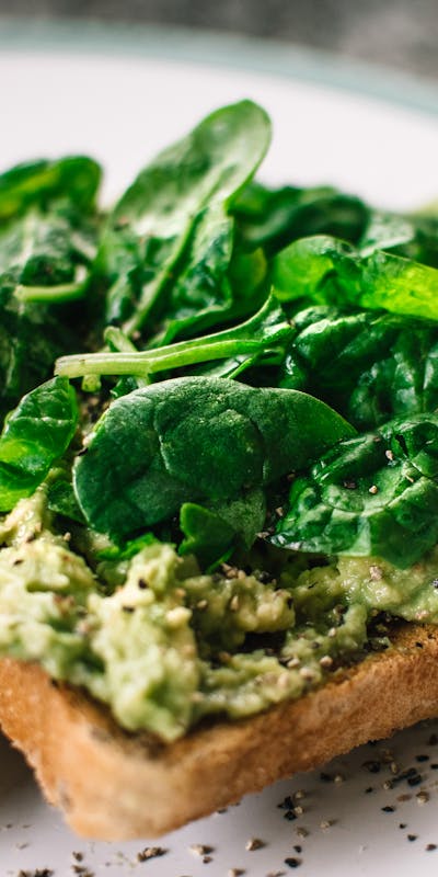 Close-up of a homemade avocado and spinach sandwich on whole grain toast.