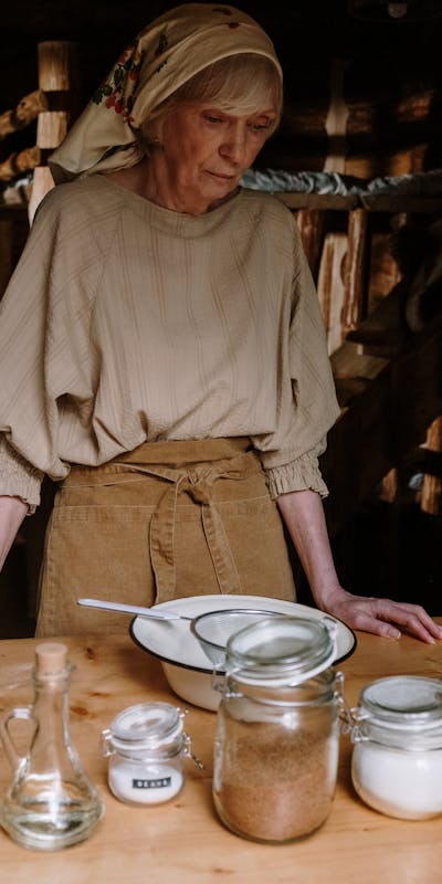 Elderly woman in headscarf arranging jars on a wooden table indoors.