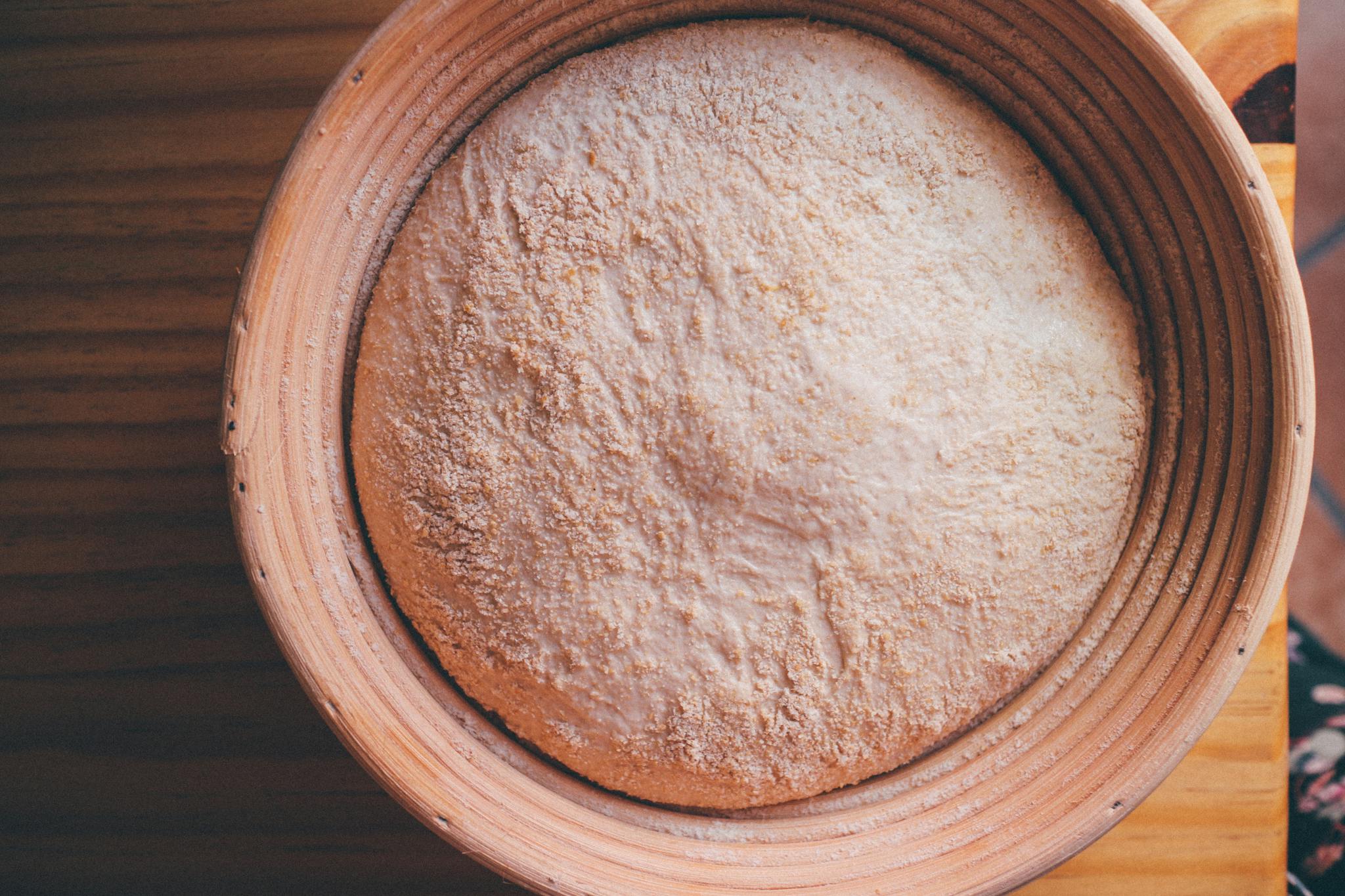 Top view of sourdough dough resting in a ceramic bowl on a wooden surface.